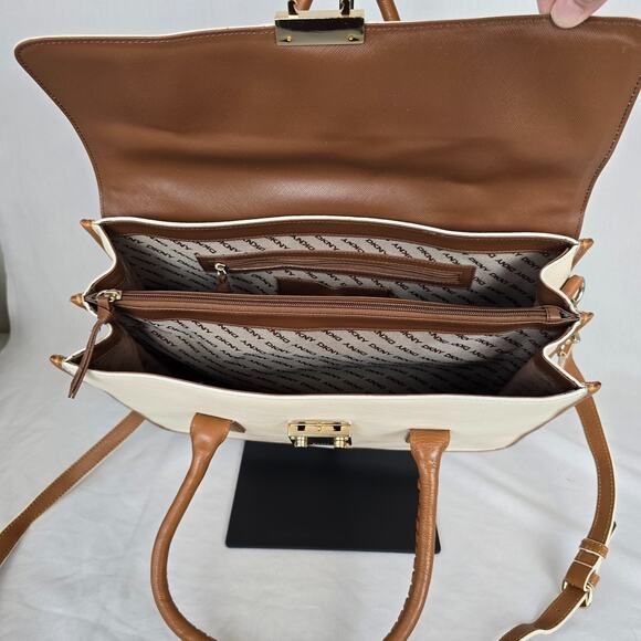 DKNY Leather Laptop Travel Business Bag Cream Beige Double Handles & CB Strap - Picture 3 of 16